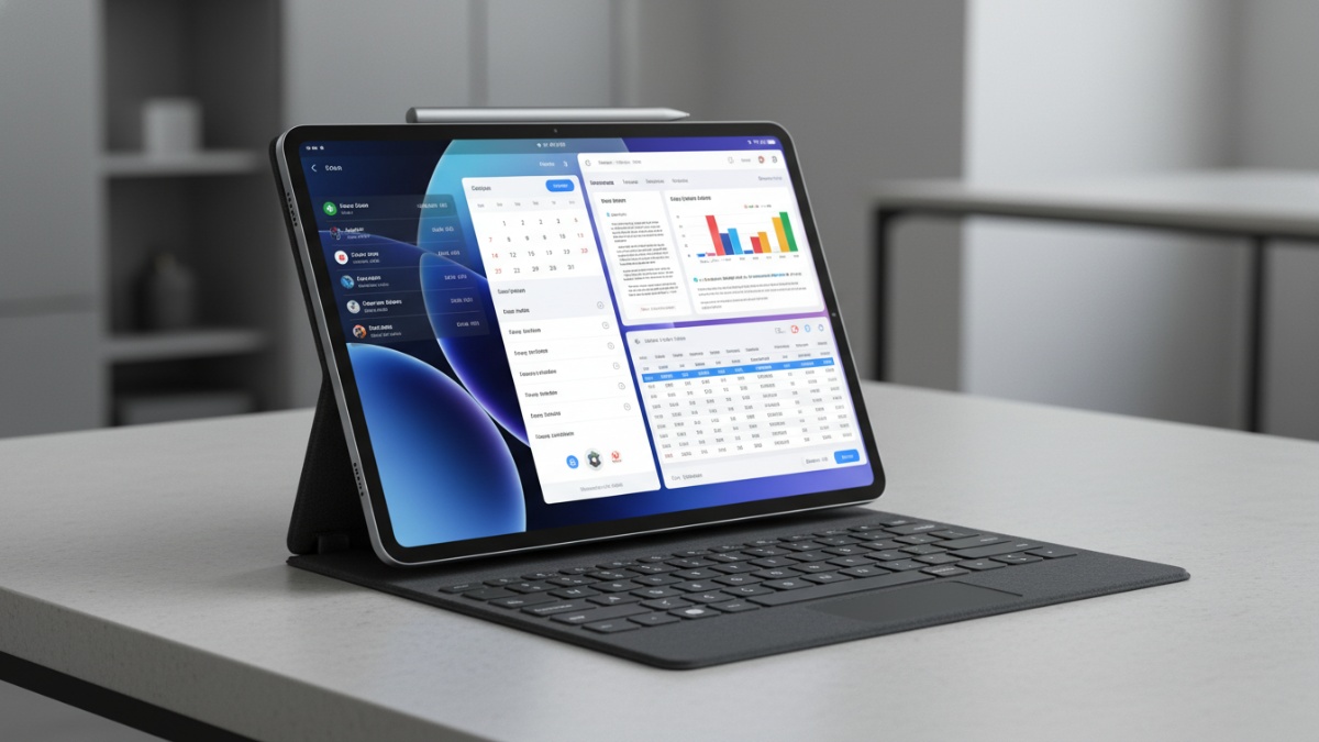 Tablet Xiaomi Pad 8 Pro dengan layar 3.2K besar menampilkan tampilan produktivitas dan multitasking modern.