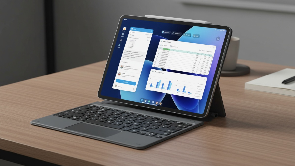 Xiaomi Pad 8 Pro dipasang keyboard eksternal untuk kerja dokumen dan multitasking tablet.