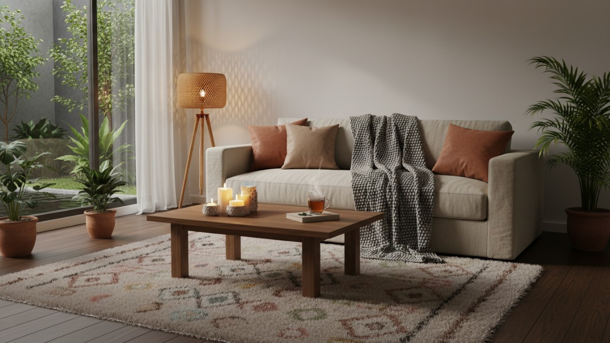 Detail dekorasi hygge seperti lilin aromaterapi dan selimut rajut di sofa.