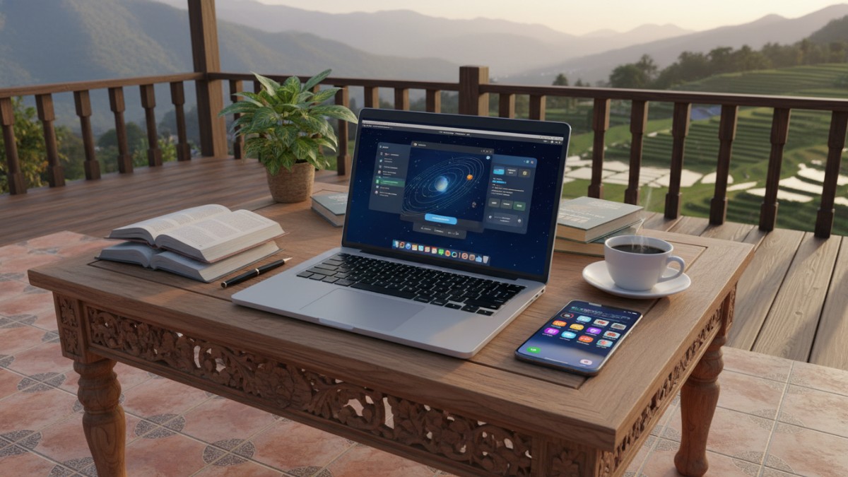 Ilustrasi penggunaan MacBook Neo untuk belajar dan iPhone 17e untuk aktivitas komunikasi harian.