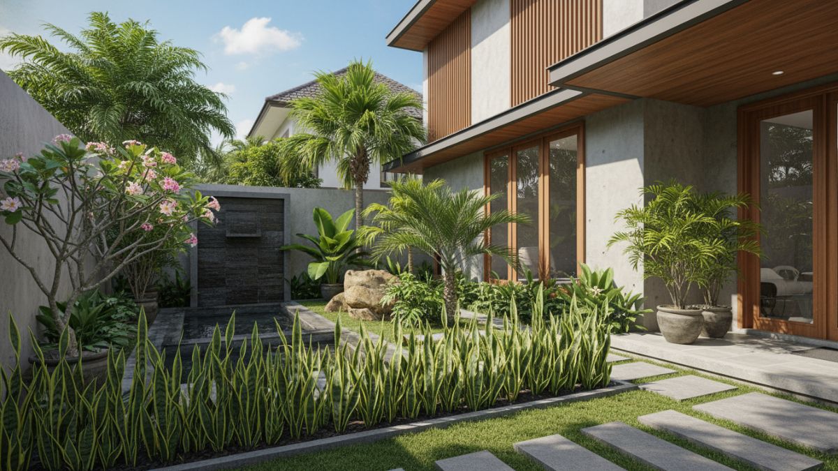 Tanaman tropis tahan panas seperti Sansevieria dan palem menghiasi halaman rumah modern di wilayah beriklim tropis.