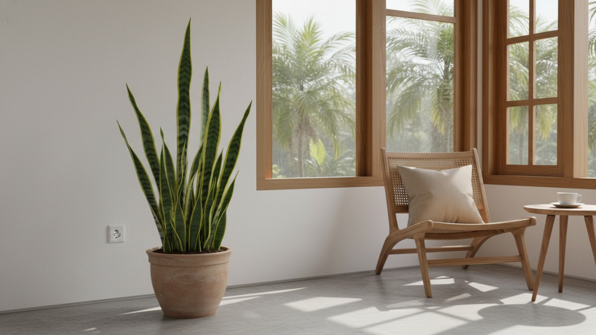 Lidah Mertua (Sansevieria) Tanaman ini sering muncul di rumah-rumah tropis karena daya tahannya luar biasa. Sansevieria mampu hidup di ruangan panas bahkan dengan sedikit air. Daunnya tebal dan menyim