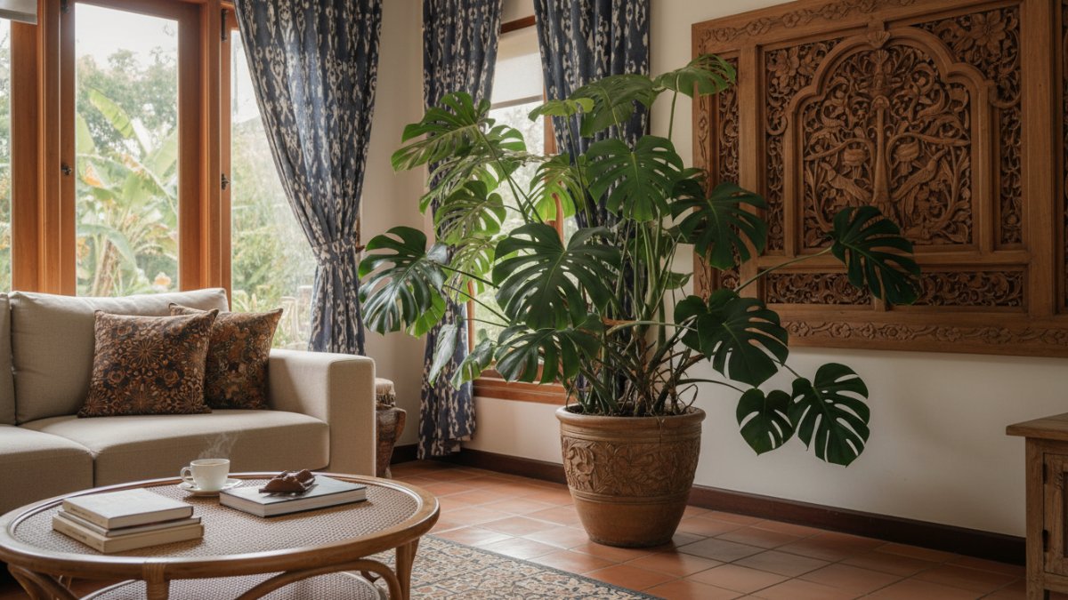 Monstera Tanaman ini sedang populer dalam desain interior modern. Monstera sebenarnya berasal dari hutan tropis Amerika Tengah. Daunnya besar dan mampu beradaptasi pada suhu hangat dengan cahaya tidak