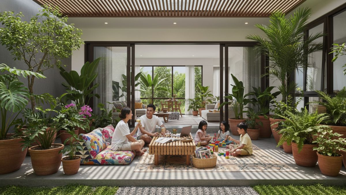 Teras rumah modern dengan bantal warna cerah dan pot tanaman dekoratif yang membuat ruang santai terlihat segar.