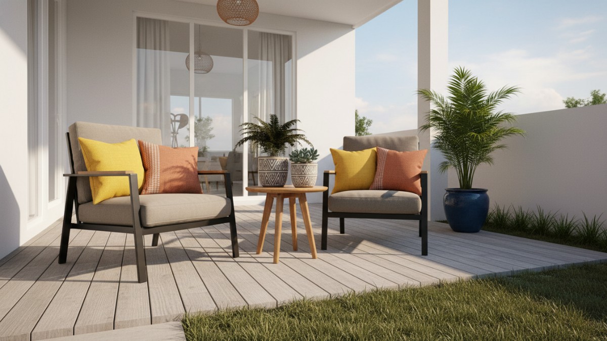 Area teras rumah dengan kursi santai dan bantal dekoratif warna kontras yang menarik perhatian.
