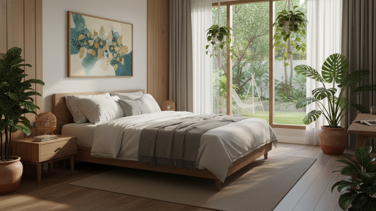 Kamar tidur modern dengan tanaman indoor hijau yang memberi suasana segar dan nyaman untuk ruang istirahat.