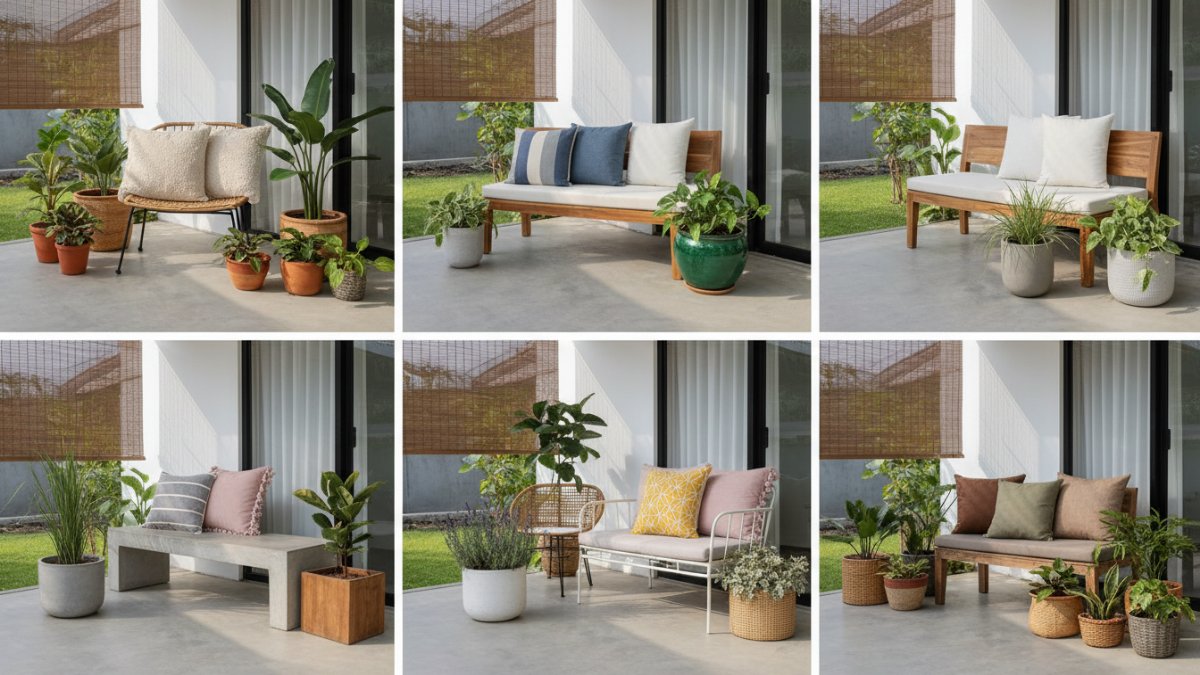 Inspirasi warna bantal dan pot tanaman pada teras minimalis rumah modern.