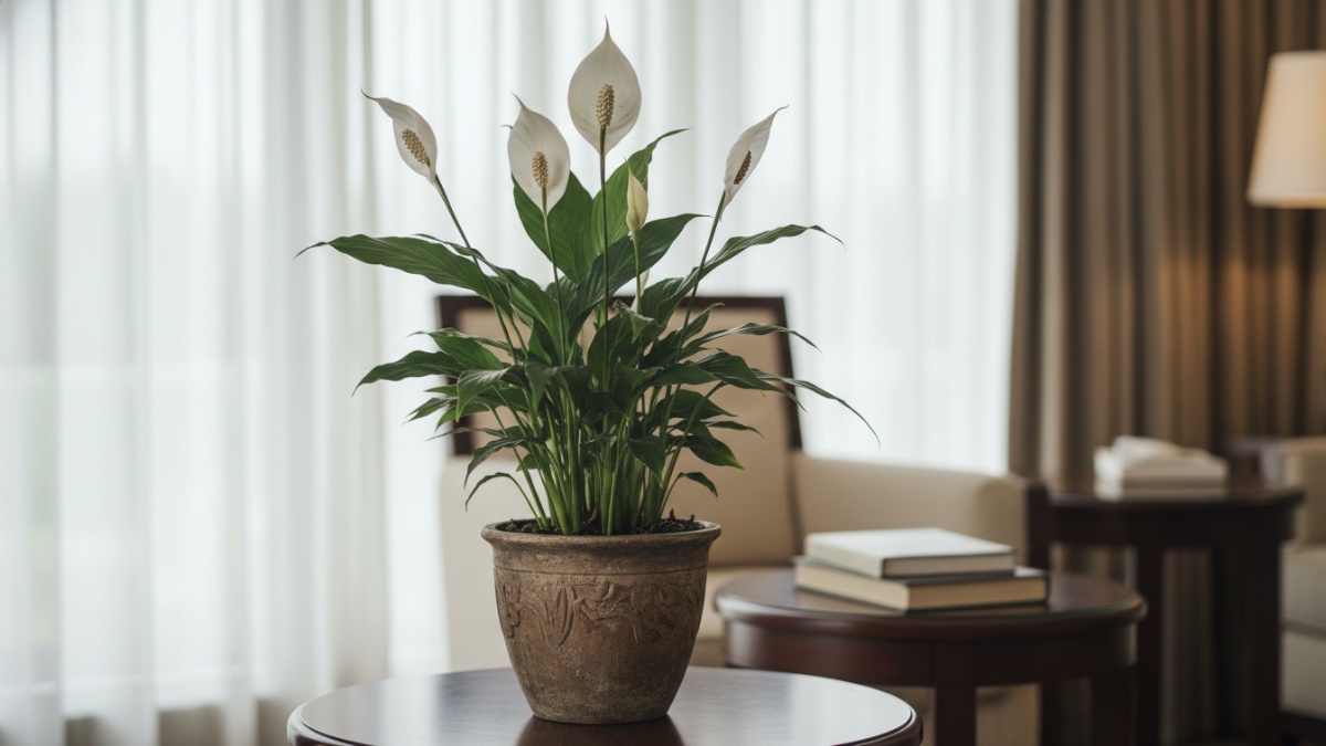 Peace Lily Peace lily memiliki daun hijau lebar dengan bunga putih elegan. Tanaman ini sering dipakai dalam desain interior hotel atau ruang tidur karena tampilannya lembut dan tidak terlalu ramai sec