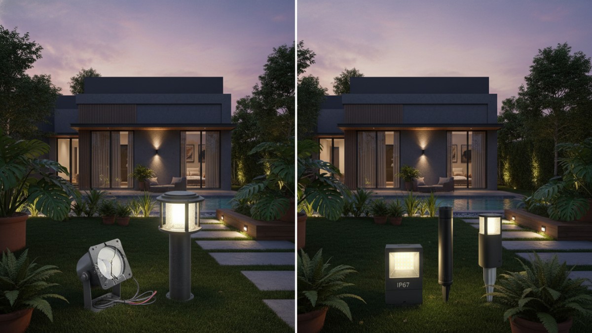 Ilustrasi kesalahan penempatan lampu taman dengan cahaya terlalu terang.