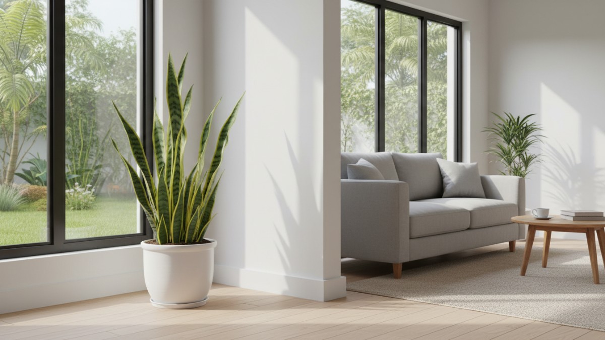 buatkan gambar tanaman dirumah minimalis  Lidah Mertua (Sansevieria) Tanaman ini hampir selalu masuk daftar favorit pemula. Daunnya tebal, kaku, dan menyimpan cadangan air. Sansevieria bisa bertahan d
