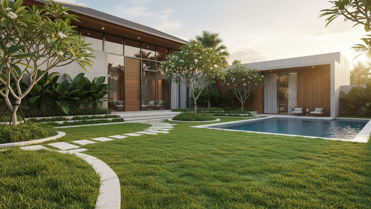 Rumput Manila di taman rumah dengan tekstur daun halus dan warna hijau segar.