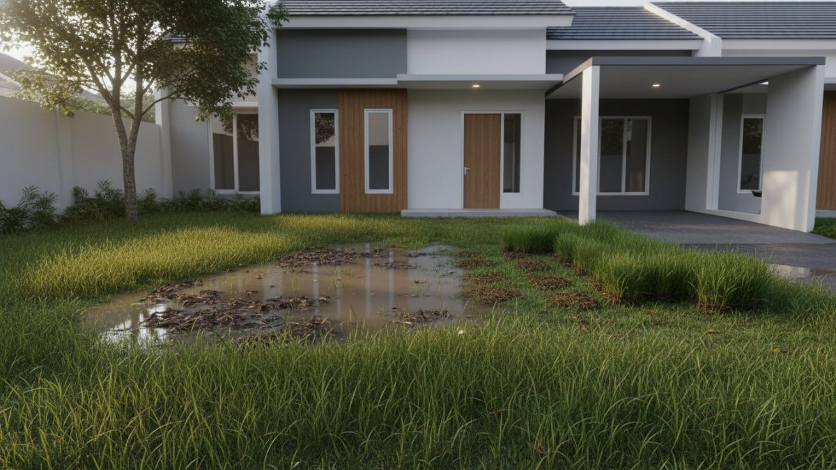 Contoh halaman rumah dengan rumput Manila yang kurang sinar matahari sehingga tumbuh tidak merata.