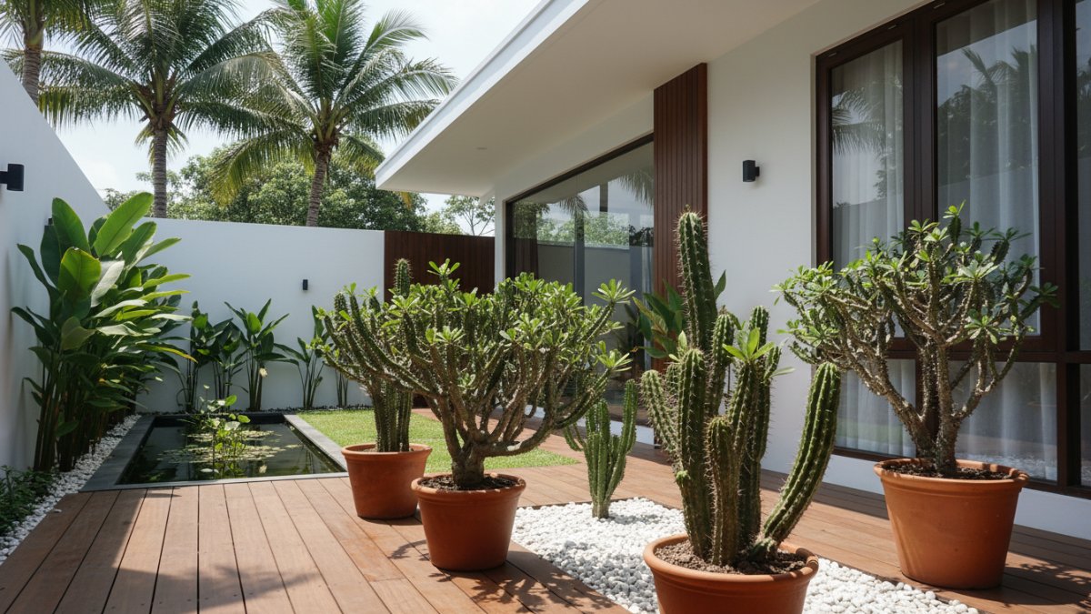 Euphorbia Sering disangka kaktus padahal berbeda keluarga tanaman. Euphorbia memiliki batang berduri dan menyimpan air dengan baik. Tanaman ini cocok untuk halaman rumah tropis dengan paparan sinar ma