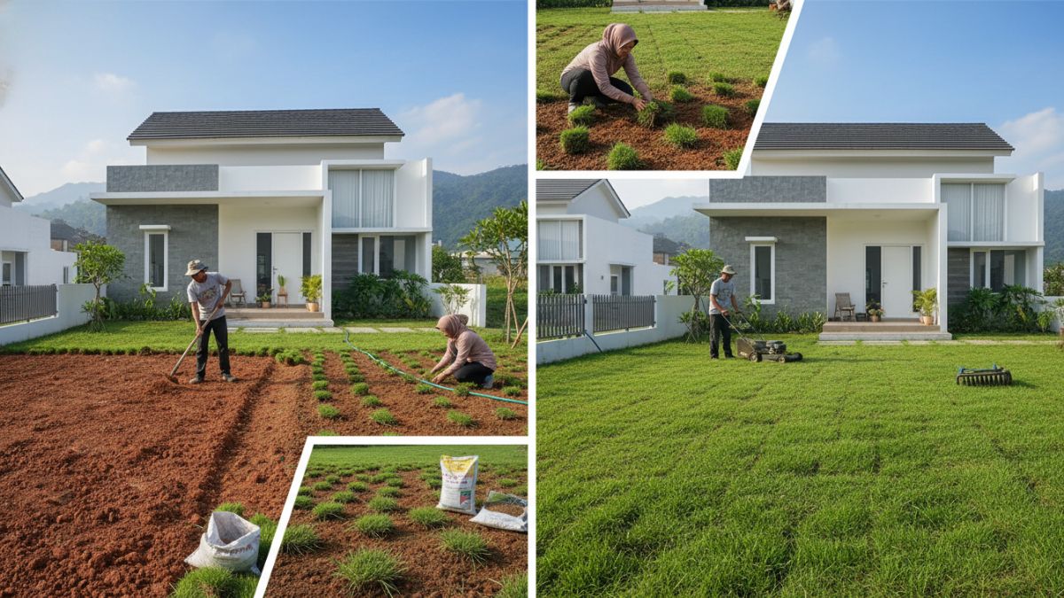 Proses penanaman stek stolon rumput Manila pada tanah yang sudah digemburkan.