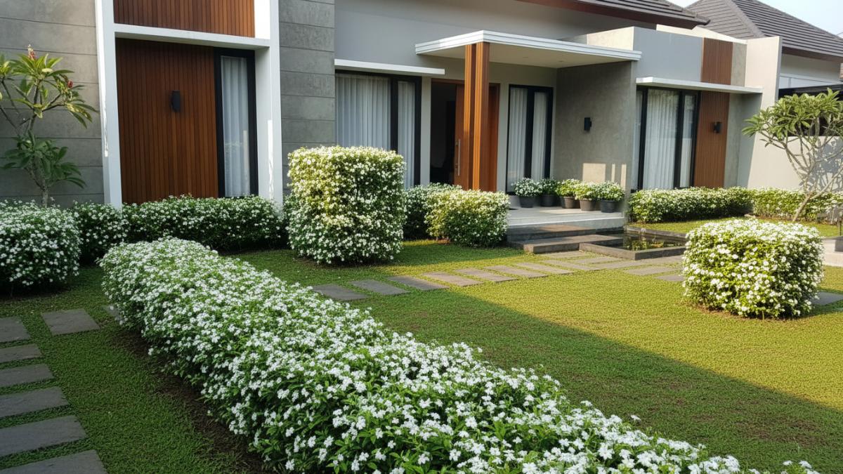 Pola penataan rombusa di taman minimalis dengan jalur batu taman.