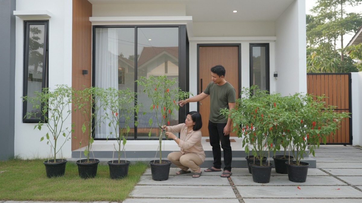 Tanaman cabai yang dipangkas pucuknya sehingga tumbuh banyak cabang dan bunga di kebun rumah.