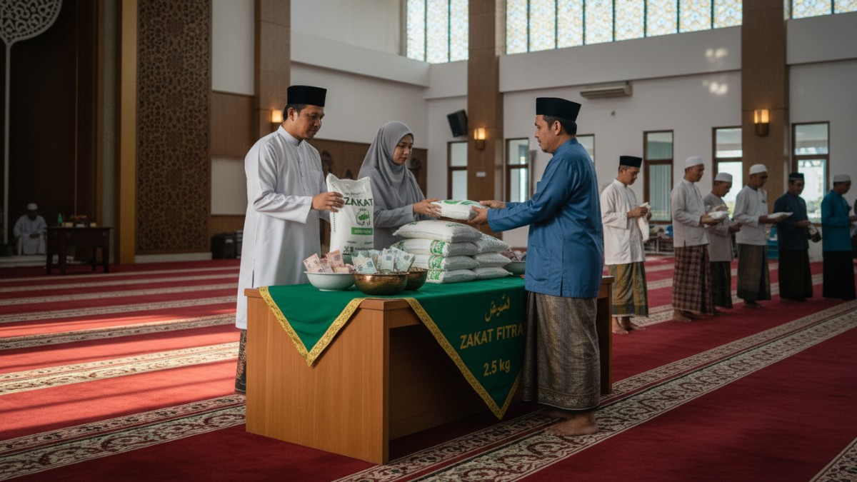 Ilustrasi pembayaran zakat fitrah dengan beras dan uang saat Ramadan, topik yang sering dibicarakan masyarakat menjelang Idulfitri.