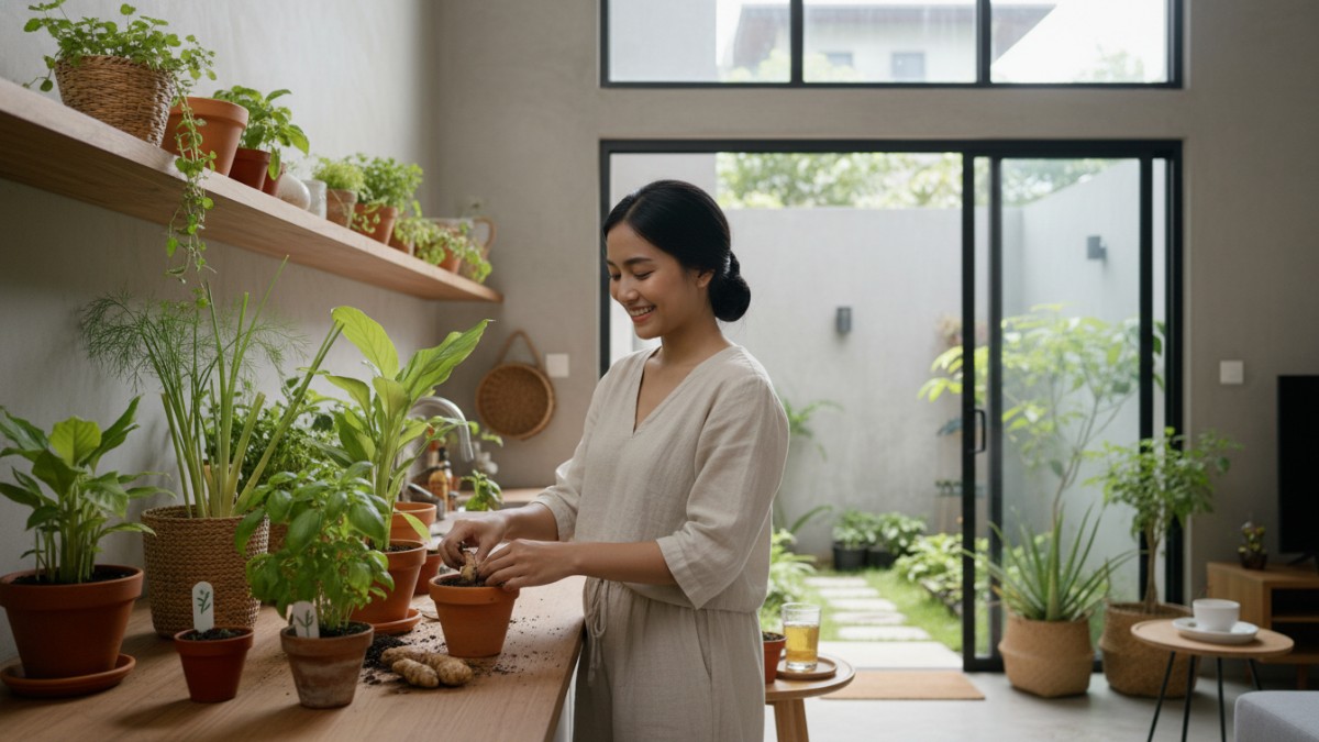 tanaman herbal rumahan dengan tanaman jahe, mint, dan kemangi tumbuh di pot kecil dirumah