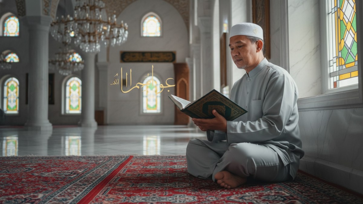 Ilustrasi suasana Ramadan dengan aktivitas ibadah puasa dan membaca Al-Qur&rsquo;an di masjid yang tampak hidup selama bulan suci.