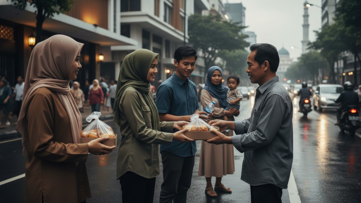 Ilustrasi berbagi makanan kepada orang lain sebagai bentuk empati dan kepedulian sosial saat Ramadan.
