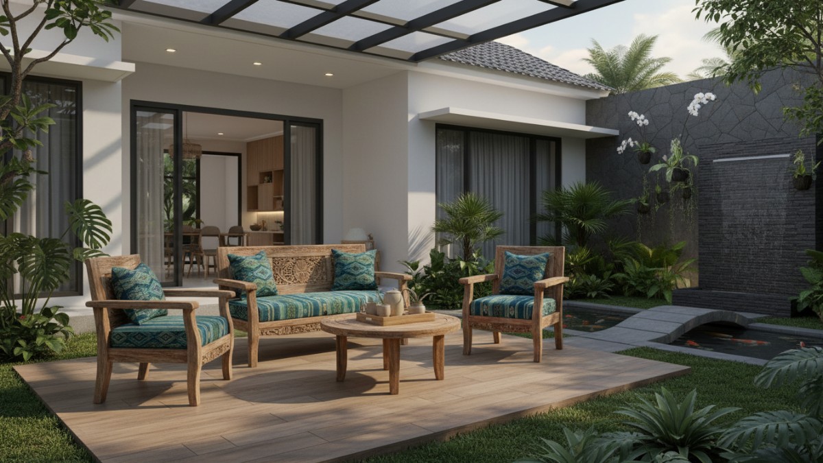 Contoh kursi taman kayu yang ditempatkan di area hijau halaman rumah.