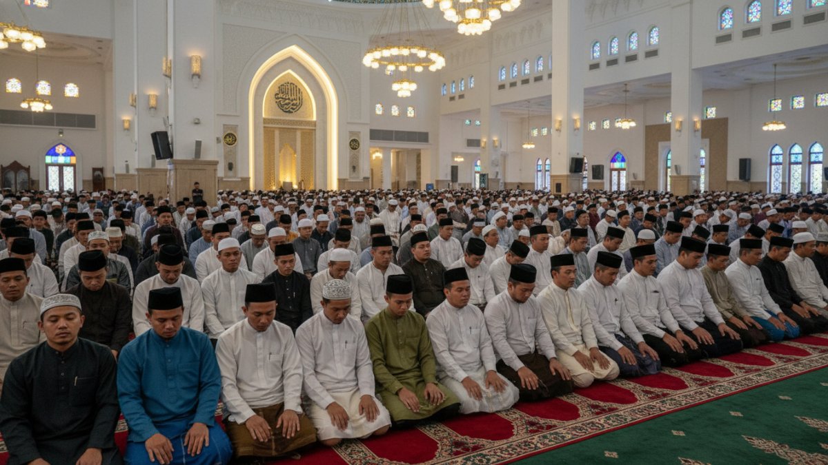 Suasana umat Muslim melaksanakan shalat Tarawih berjamaah di masjid saat bulan Ramadhan laki laki saja