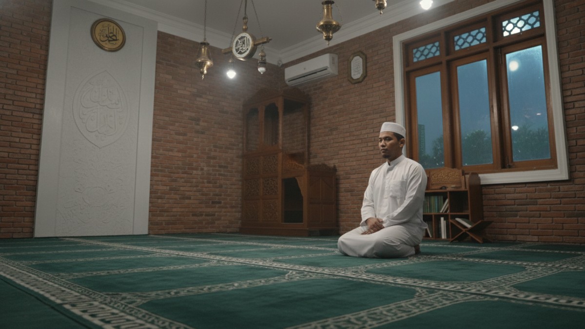 Ilustrasi suasana ibadah malam Ramadhan saat umat muslim menanti Lailatul Qadar dengan shalat dan membaca Al-Qur&rsquo;an.