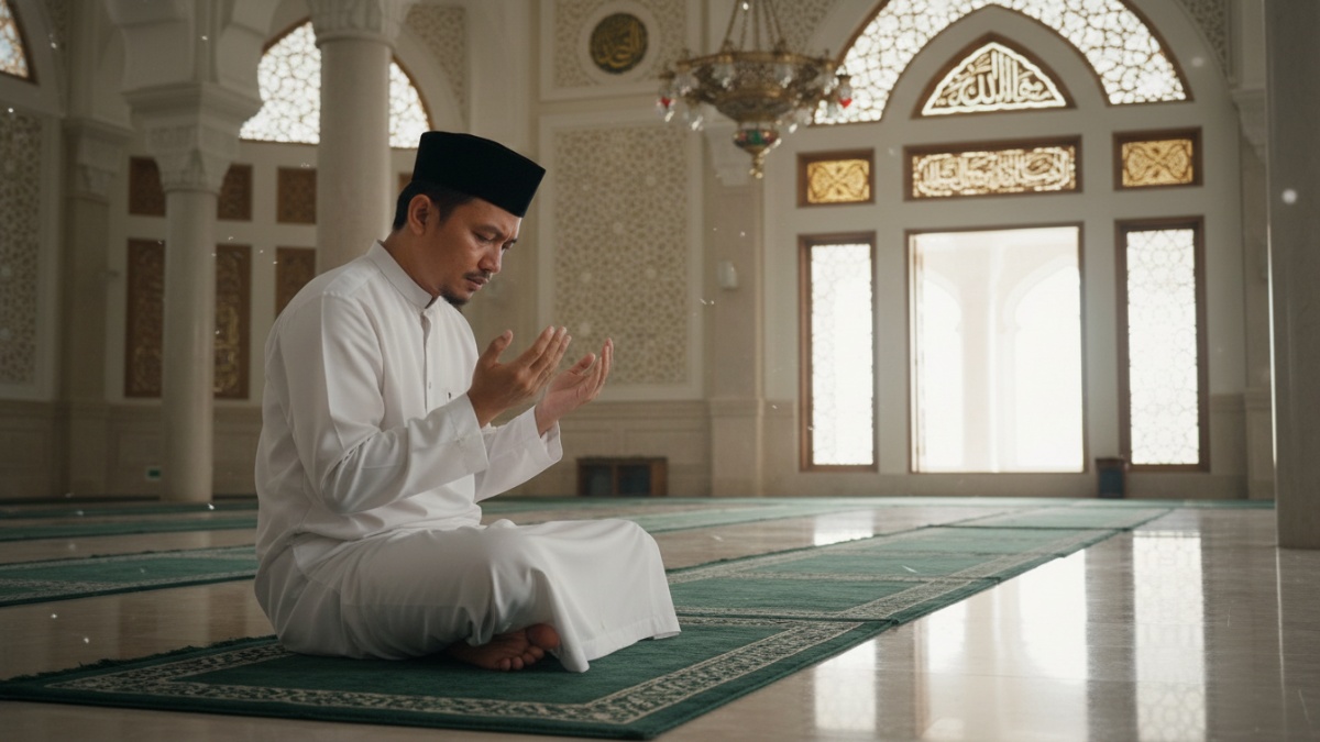 Ilustrasi jamaah masjid membaca doa bersama setelah shalat witir di bulan Ramadhan.