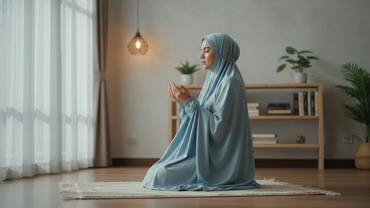 Ilustrasi perempuan muslimah berdoa di rumah saat Ramadhan menggambarkan ibadah yang dapat dilakukan meski sedang haid.