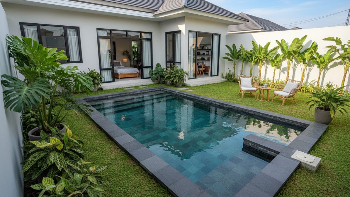 Desain kolam renang keluarga batu andesit minimalis di halaman rumah modern