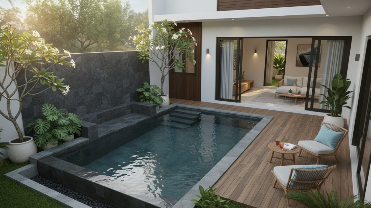 Kolam Renang plunge minimalis batu andesit