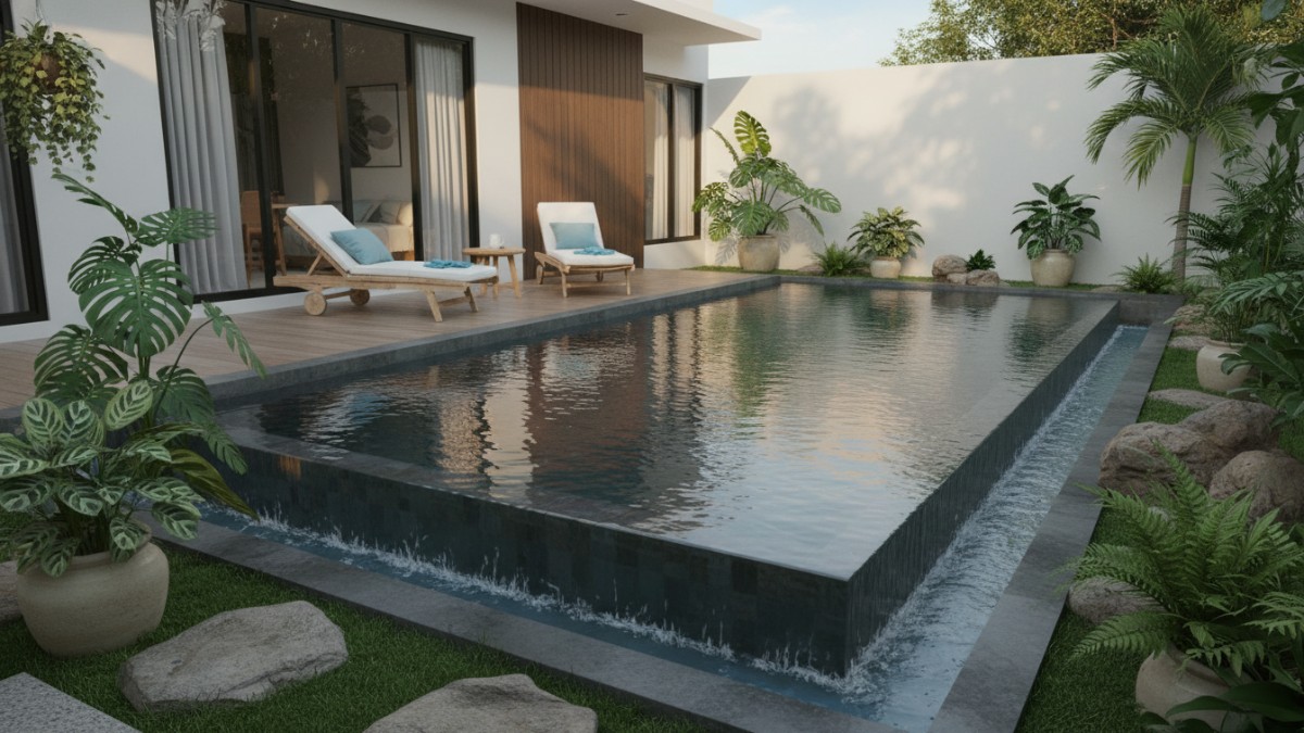 Kolam renang keluarga semi infinity untuk rumah minimalis