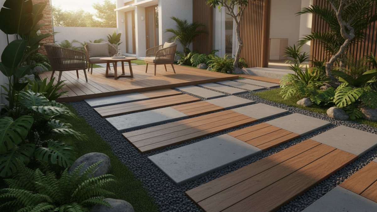 Jalur pijakan taman kombinasi kayu dan beton