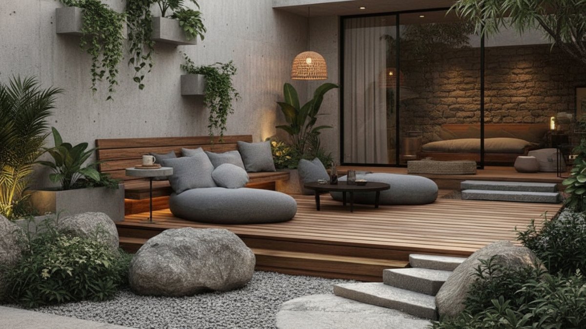 Decking taman perpaduan kayu dan beton pada rumah modern tropis yang menciptakan area santai keluarga di halaman belakang.