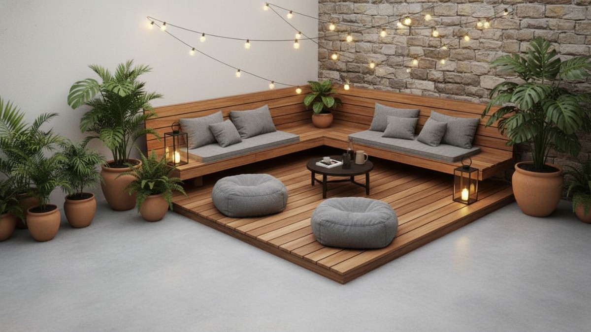 Decking sudut taman untuk area duduk minimalis