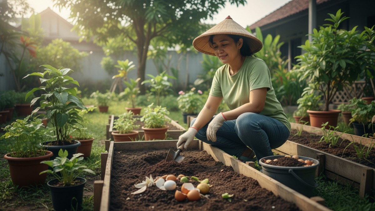 berkebun di halaman rumah menggunakan pupuk organik dari limbah dapur seperti cangkang telur dan ampas kopi