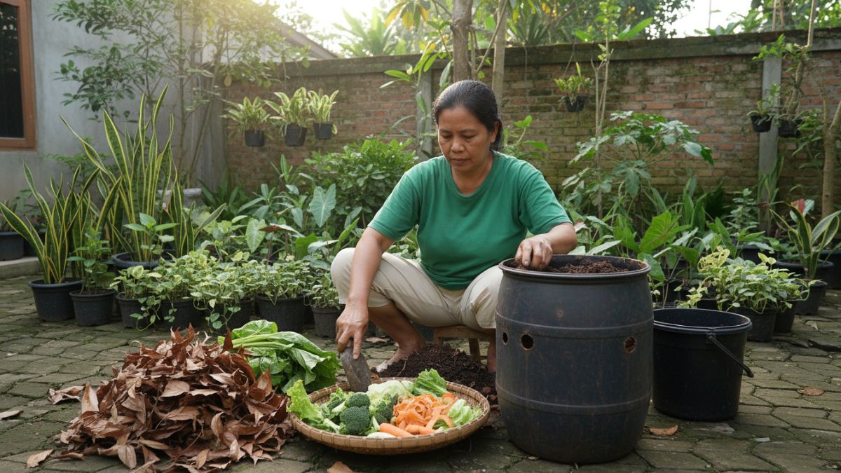 Proses membuat kompos rumah tangga dari sisa sayur dan daun kering