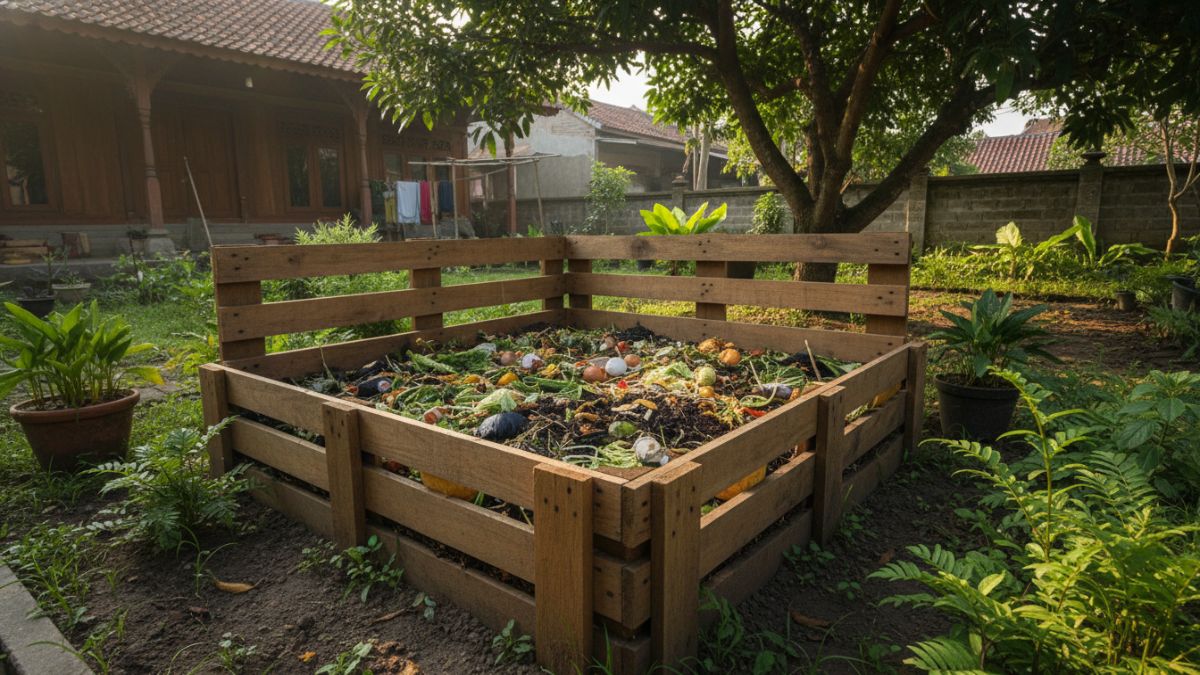 Wadah kompos sederhana di halaman rumah untuk mengolah limbah dapur