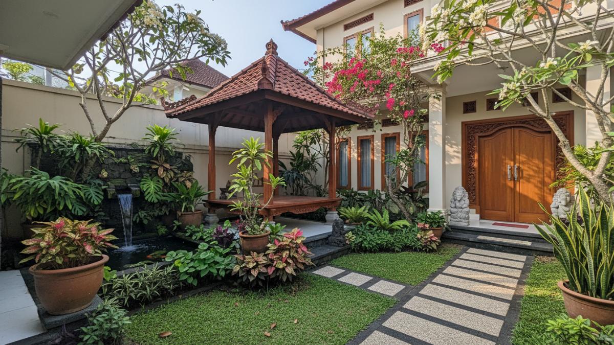 Taman rumah dengan berbagai tanaman hias outdoor yang menciptakan suasana hijau dan segar di halaman rumah