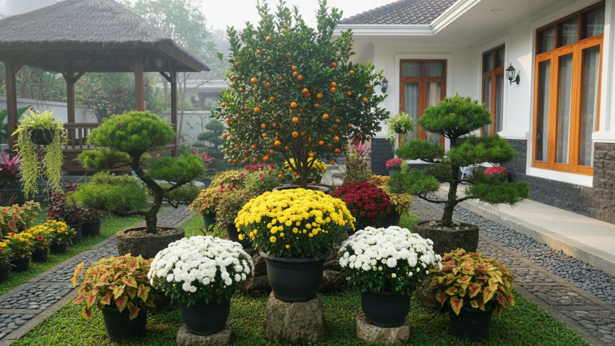 Berbagai tanaman hias outdoor seperti jeruk, krisan, dan pinus mini di taman rumah