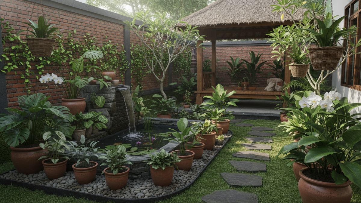 taman kecil di halaman rumah dengan kombinasi pot dan tanaman hijau