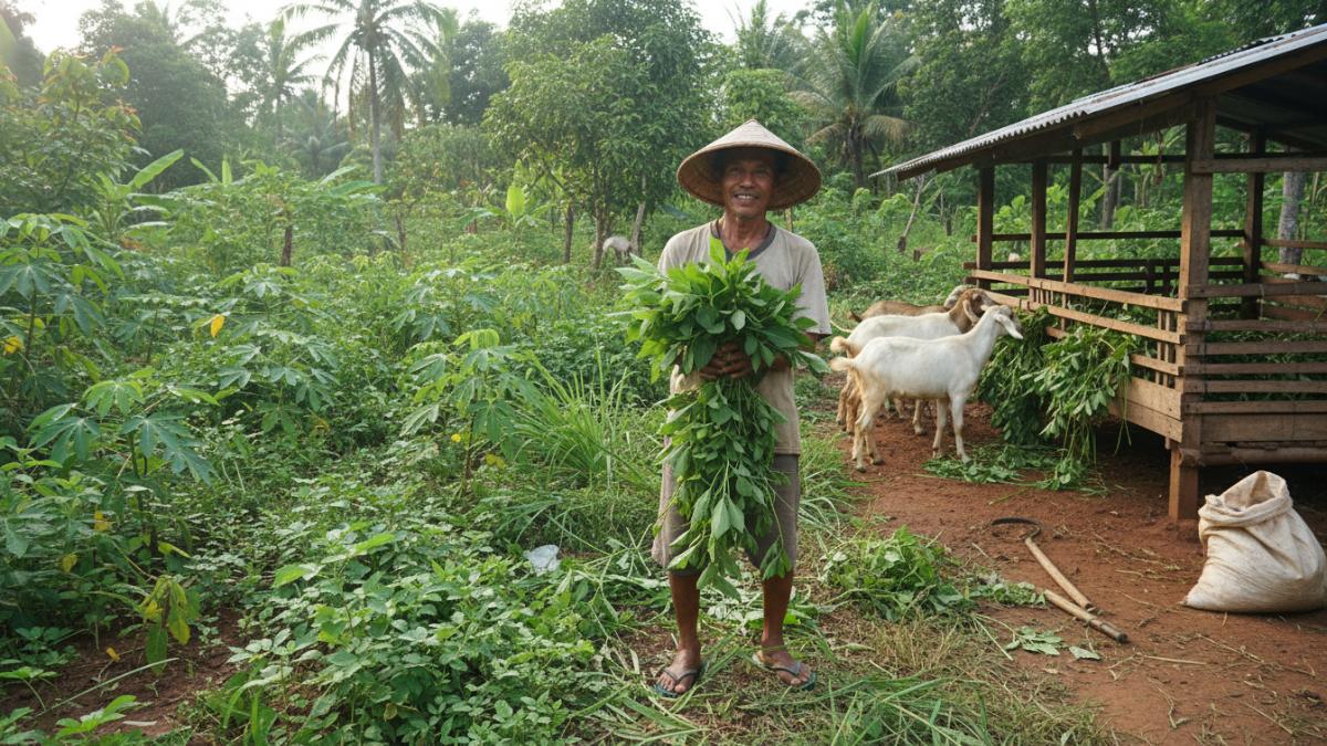 Peternak desa memanfaatkan tanaman liar di sekitar kebun sebagai bahan pakan ternak alami yang hemat biaya.