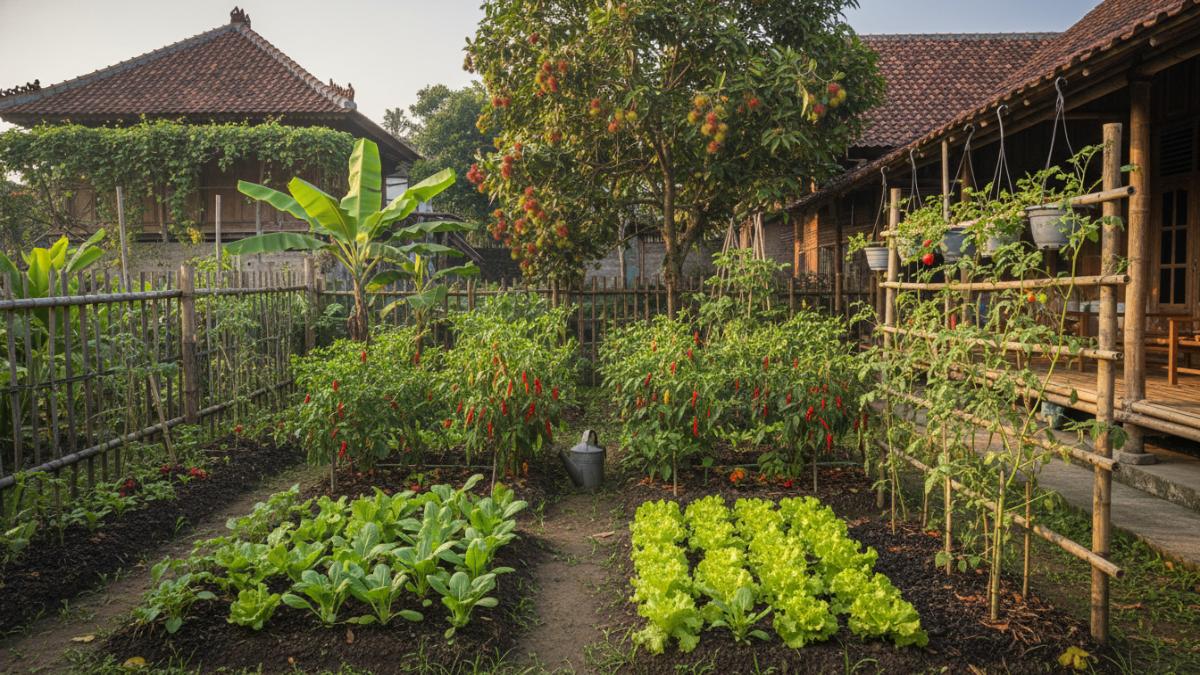 Tata letak kebun kecil dengan kombinasi sayuran dan tanaman buah di pekarangan.