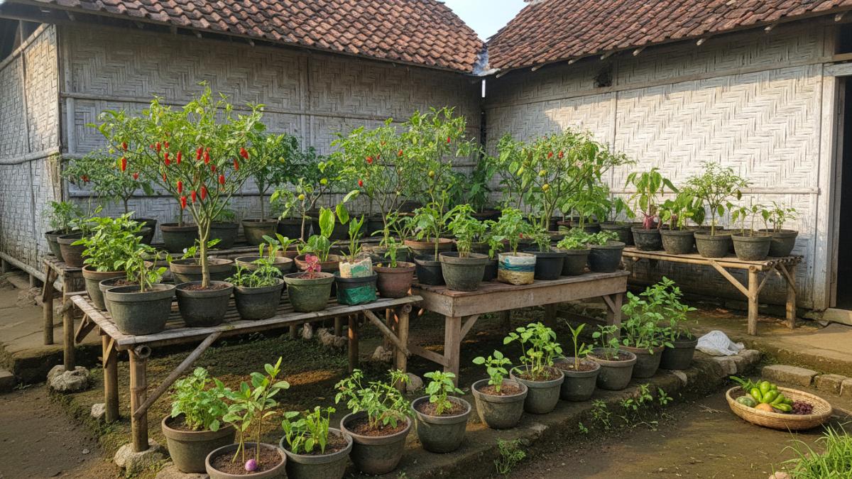 Pot buah dan sayuran tersusun rapi dalam kebun rumah sederhana.