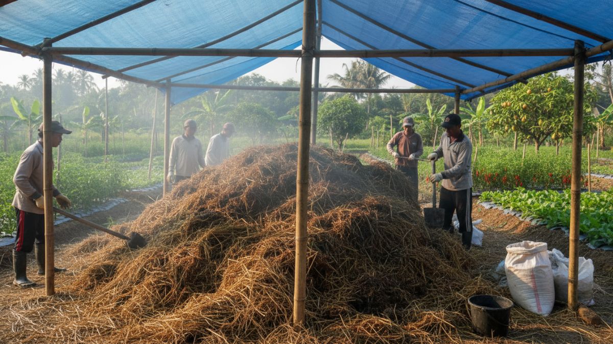 Jerami sisa panen difermentasi menjadi pupuk organik yang membantu meningkatkan kesuburan tanah sawah dan kebun sayur.