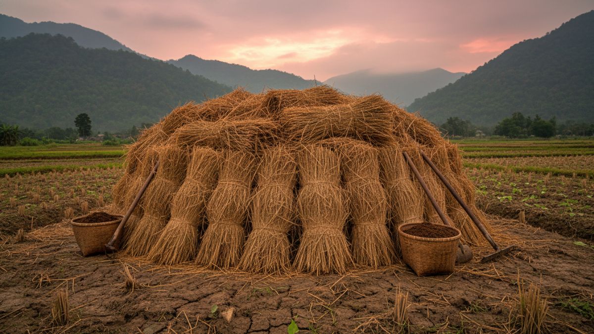 Tumpukan jerami padi di sawah menunjukkan potensi limbah pertanian yang dapat diolah menjadi pupuk organik.