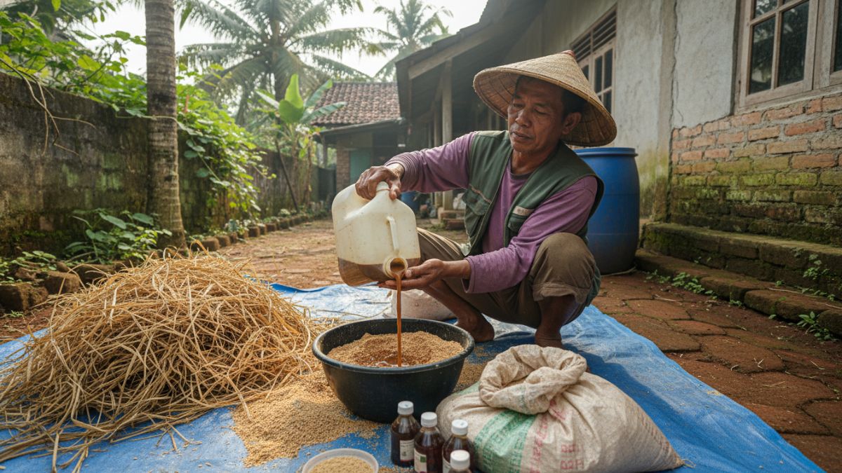 Petani menyiapkan jerami dan bahan aktivator mikroorganisme sebelum proses fermentasi pupuk organik.