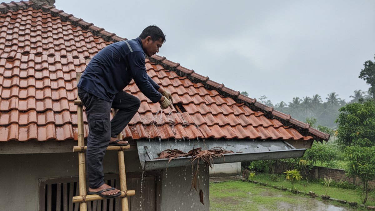 pemeriksaan atap rumah yang bocor saat musim hujan, memperlihatkan tukang memeriksa genteng dan talang