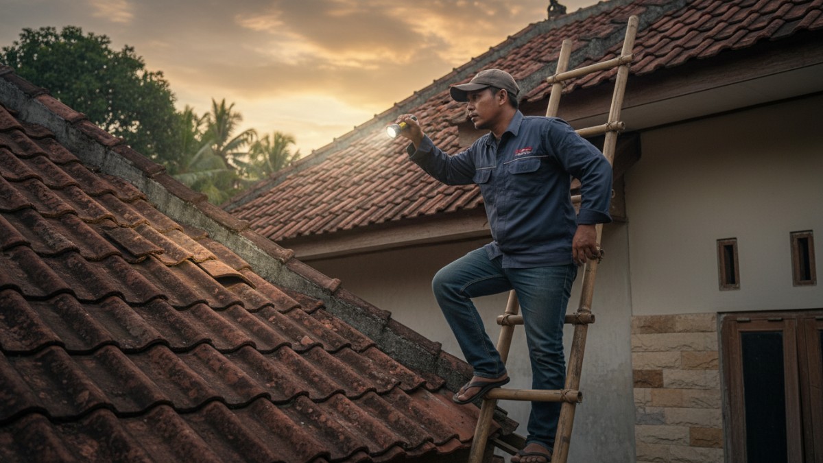 Proses pengecekan genteng rumah menggunakan tangga dan senter.