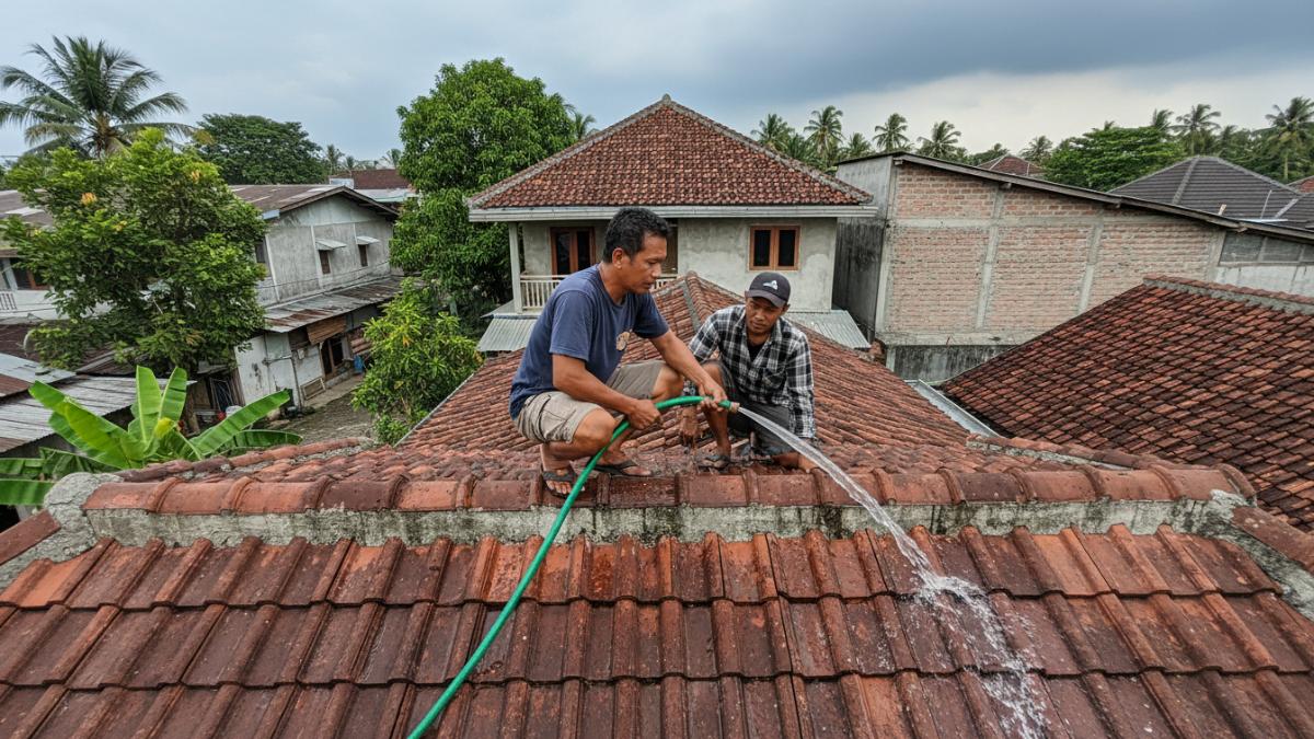langkah menemukan titik bocor di atap menggunakan selang air.